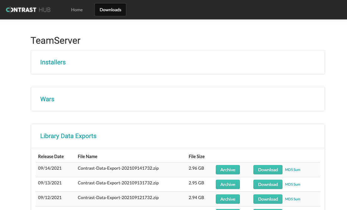 Image shows Contrast Hub, with Downloads selected in the header, and Library Data Exports expanded.