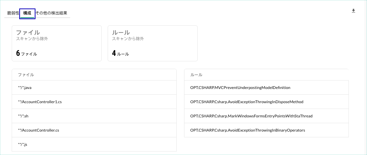 Image shows the Configuration tab that shows excluded files and rules.