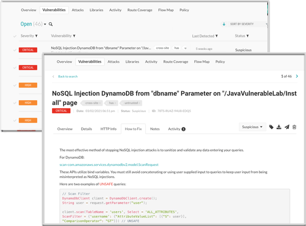 Images show examples of vulnerabilities list and how to fix details