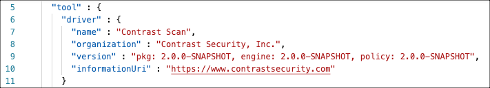 ScanSarifScanner.png This image shows the scanner data from a Contrast Scan SARIF file