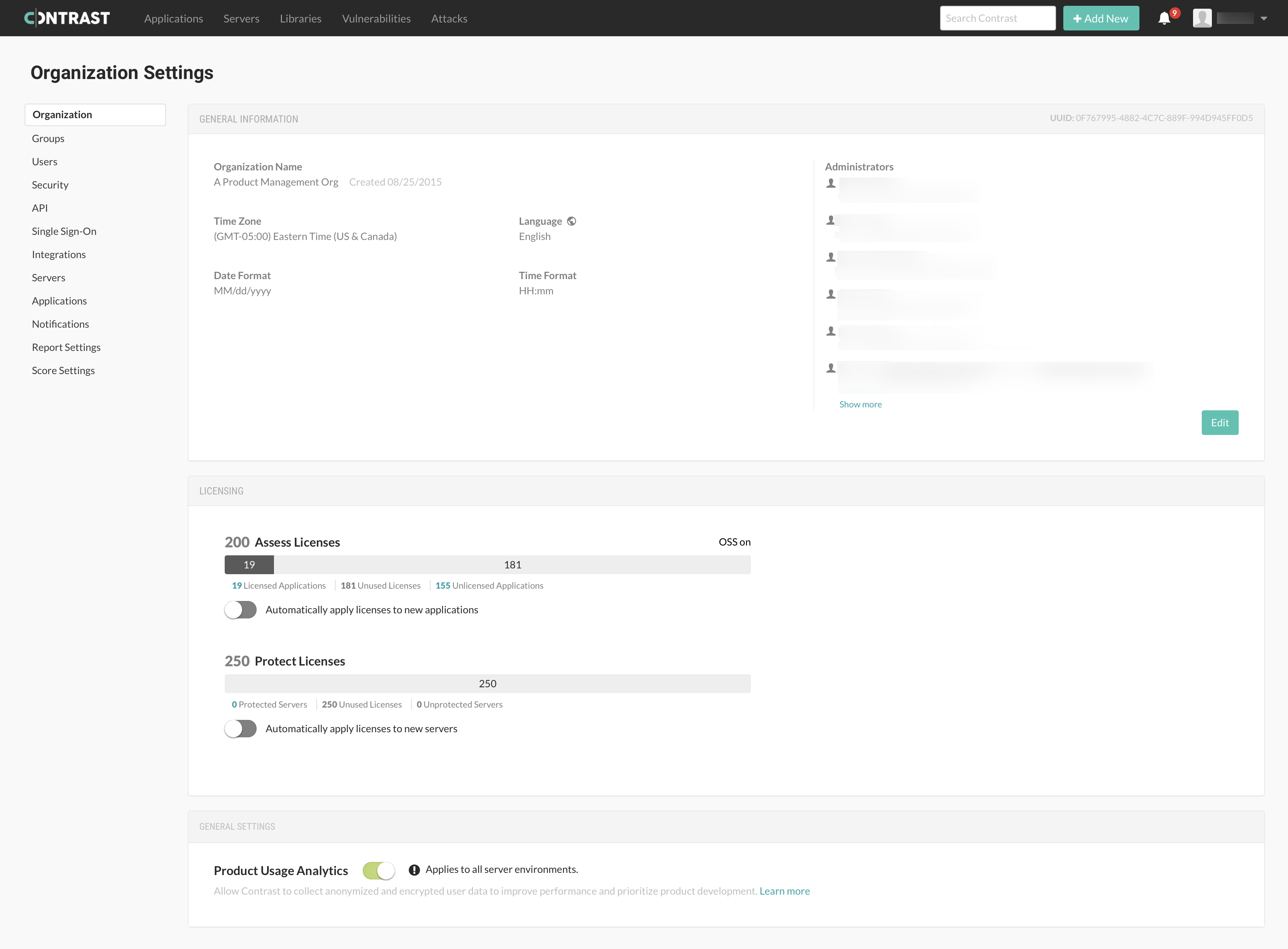Org settings main screen