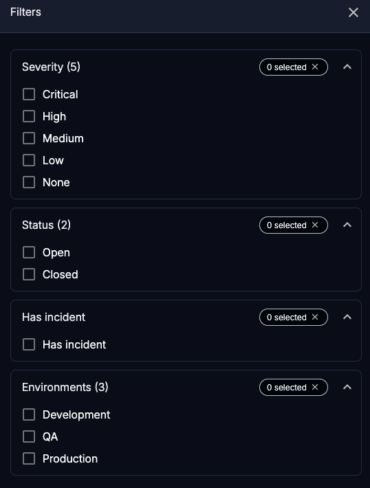 IssueFilters.png Image shows the filters for the Issues view.