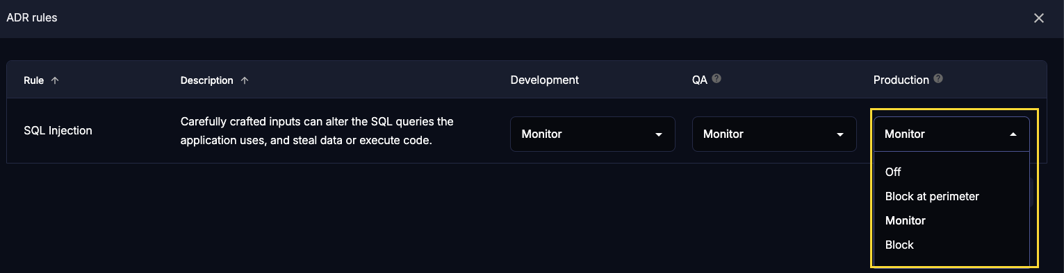 IncidentADRModes.png Image shows the mode dropdown options for the Production environment.