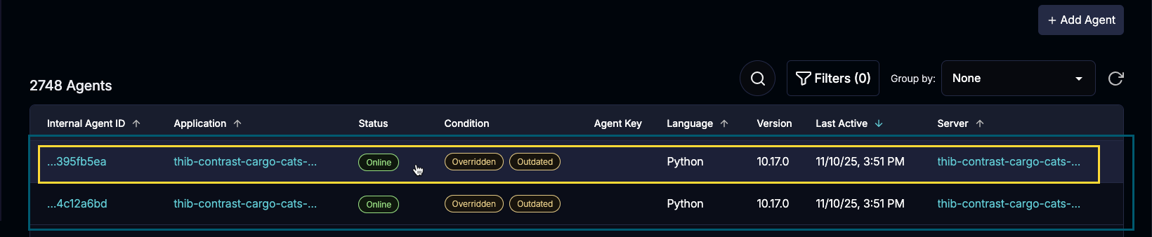 Image shows the cursor positioned to select a row in the agent dashboard.