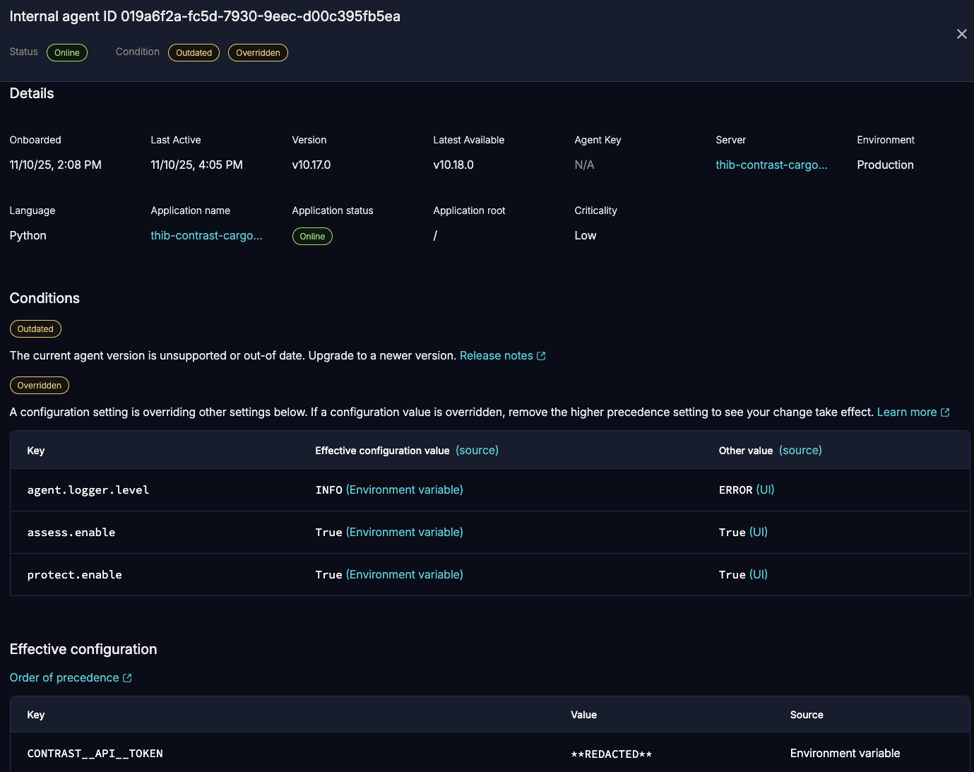 Image shows the agent details panel after selecting a row in the agent dashboard.